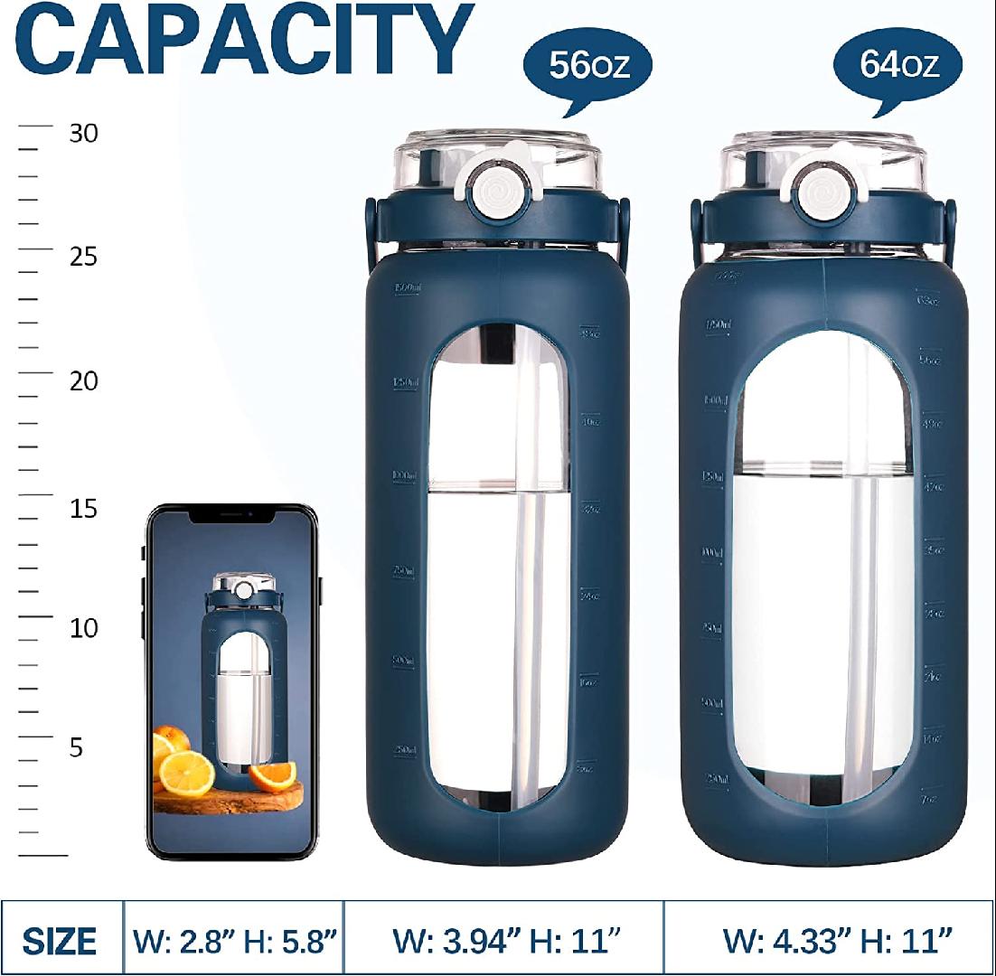 64oz Glass Water Bottle with Straw Time Marker Half Gallon 2L Dark Blue L22790