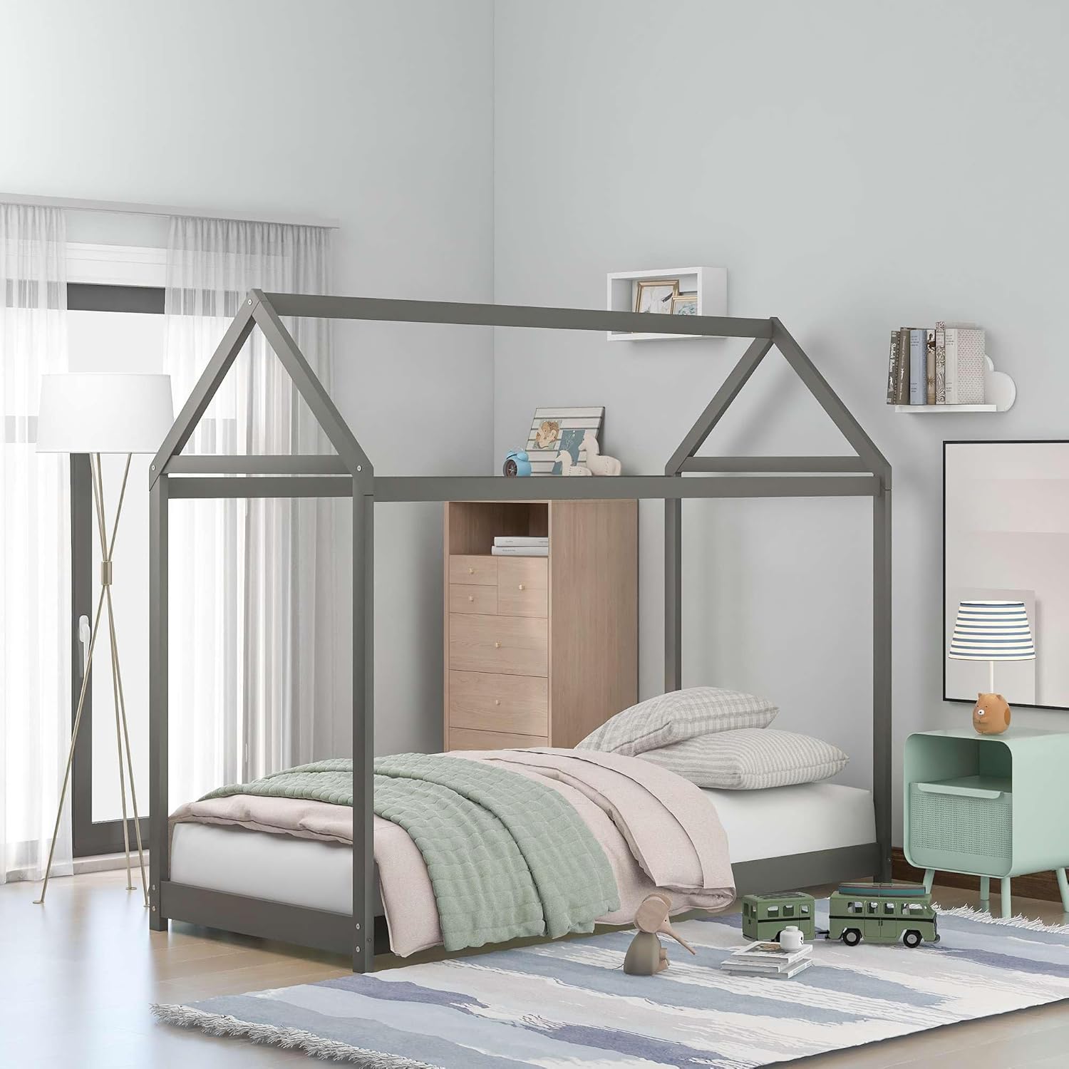 Gray Twin Size Wooden House Bed B85289