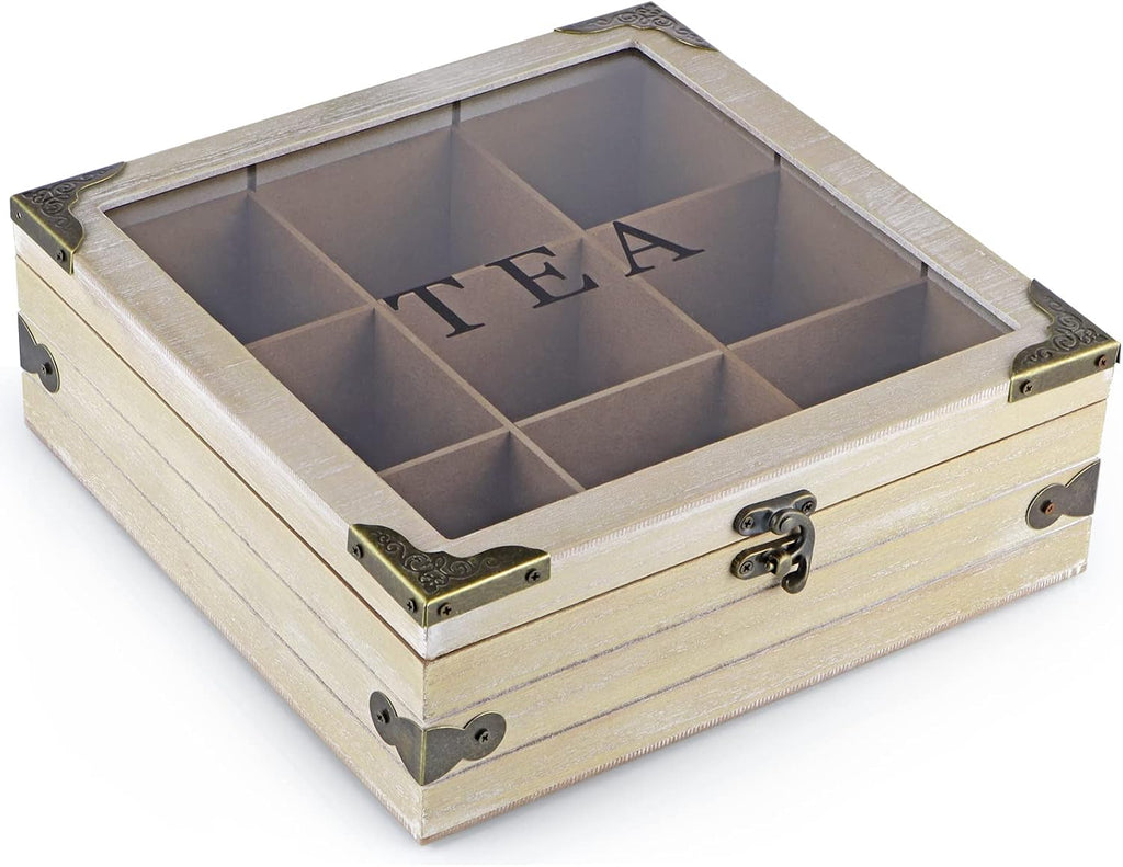 Wood Tea Box Organizer with Glass Lid, 9 Compartments U577197