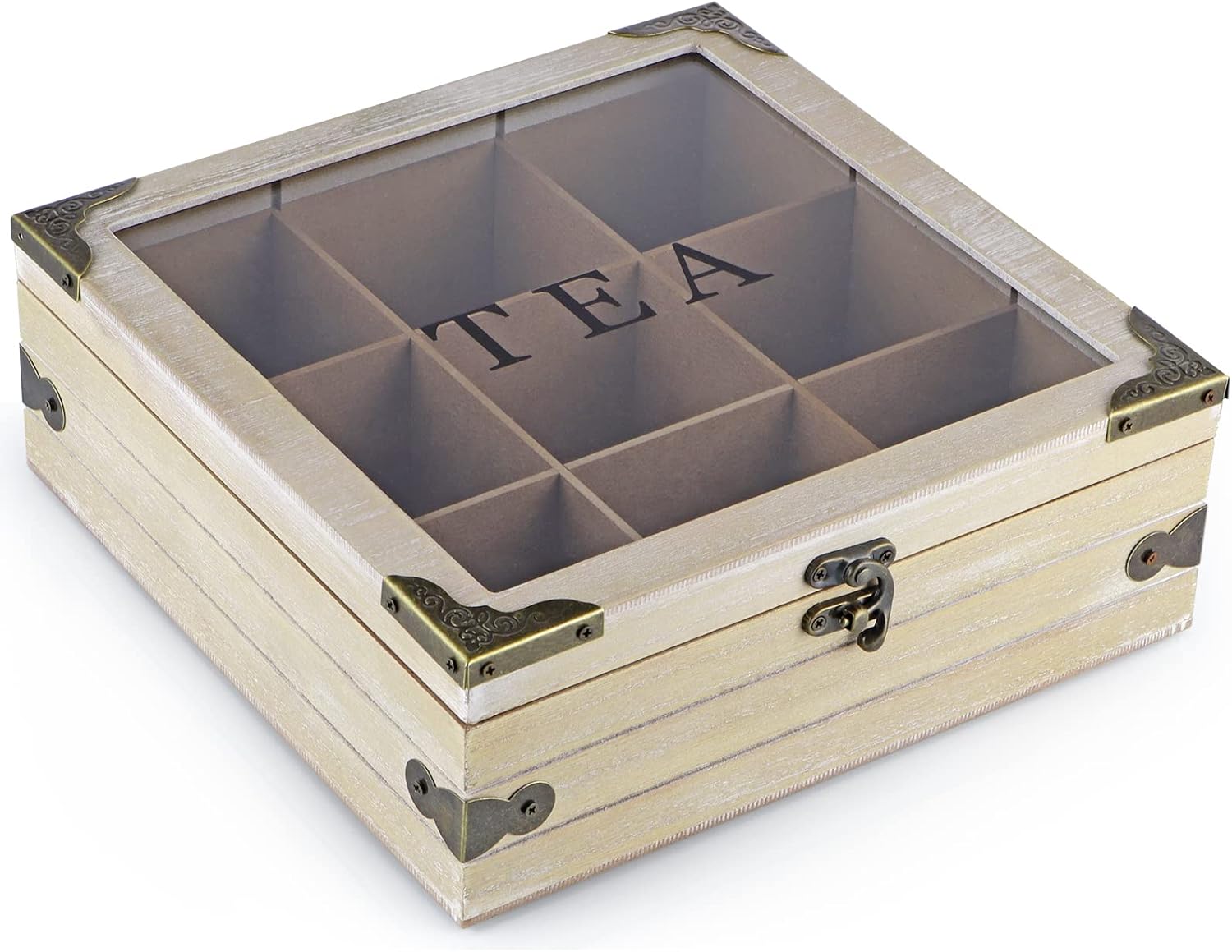 Wood Tea Box Organizer with Glass Lid, 9 Compartments U577197