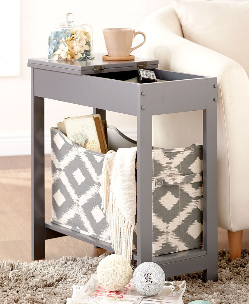 Narrow Wood Side Table with Flip-Top and Storage Bin T7156
