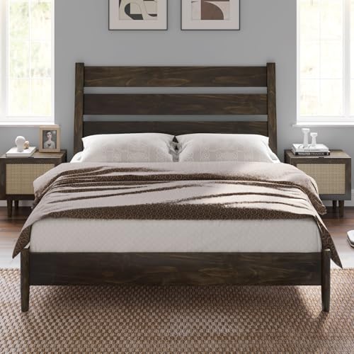Dark Brown Solid Wood King Bed Frame with Slatted Headboard Z1678