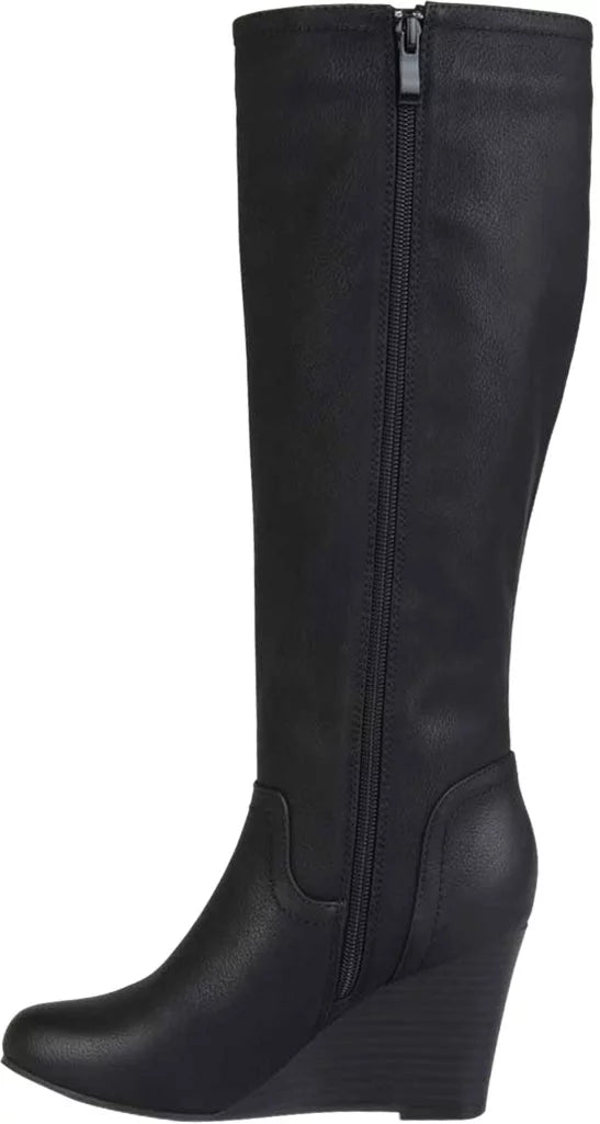 Black Faux Leather Knee High Wedge Heel Boot W30197