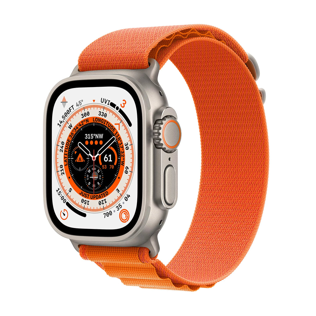 Apple Watch Ultra 49mm Smart Watch with Rugged Titanium Case & Orange Alpine Loop Small E1048