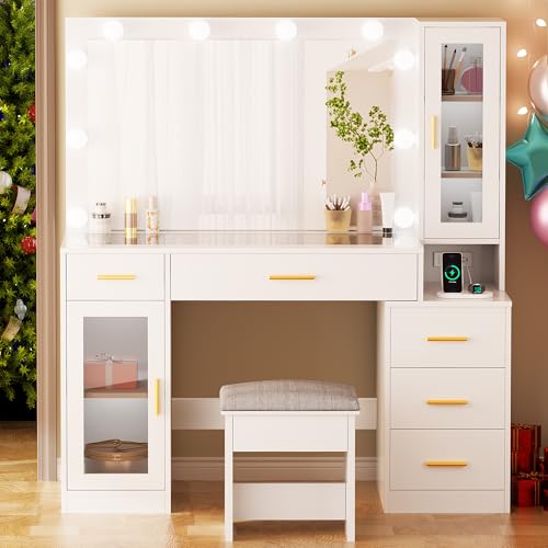 White Large Vanity Desk with Mirror and Lights, Glass Top, Stool, Power Outlet, Drawers, Cabinet T768