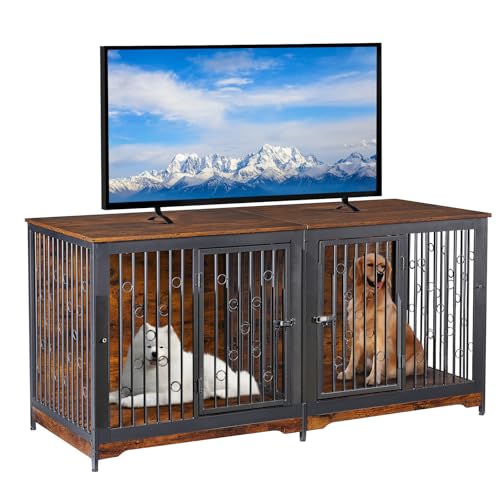 71'' Wooden Double Dog Crate Kennel Cage, Brown K718653