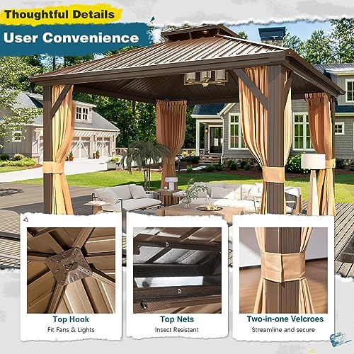 10'x13' Hardtop Gazebo with Polycarbonate Double Roof, Aluminum Frame with Curtains and Netting W47864