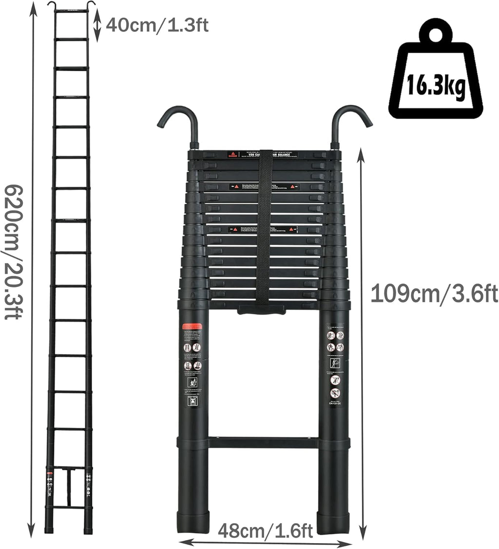 Compact 20FT Aluminum Telescoping Extension Ladder with 2 Detachable Roof Hooks Y23902