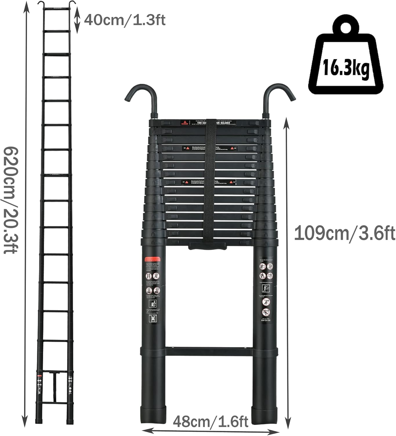Compact 20FT Aluminum Telescoping Extension Ladder with 2 Detachable Roof Hooks Y23902