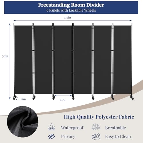 6FT Tall Black Rolling Room Divider with Lockable Wheels T34734