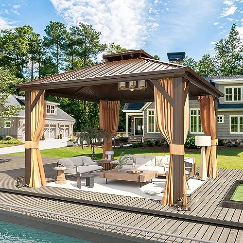 10'x13' Hardtop Gazebo with Polycarbonate Double Roof, Aluminum Frame with Curtains and Netting W47864