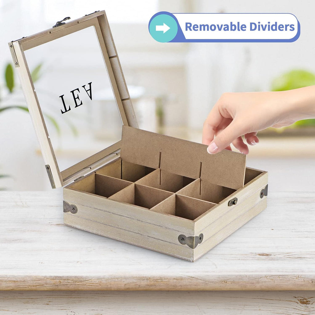 Wood Tea Box Organizer with Glass Lid, 9 Compartments U577197