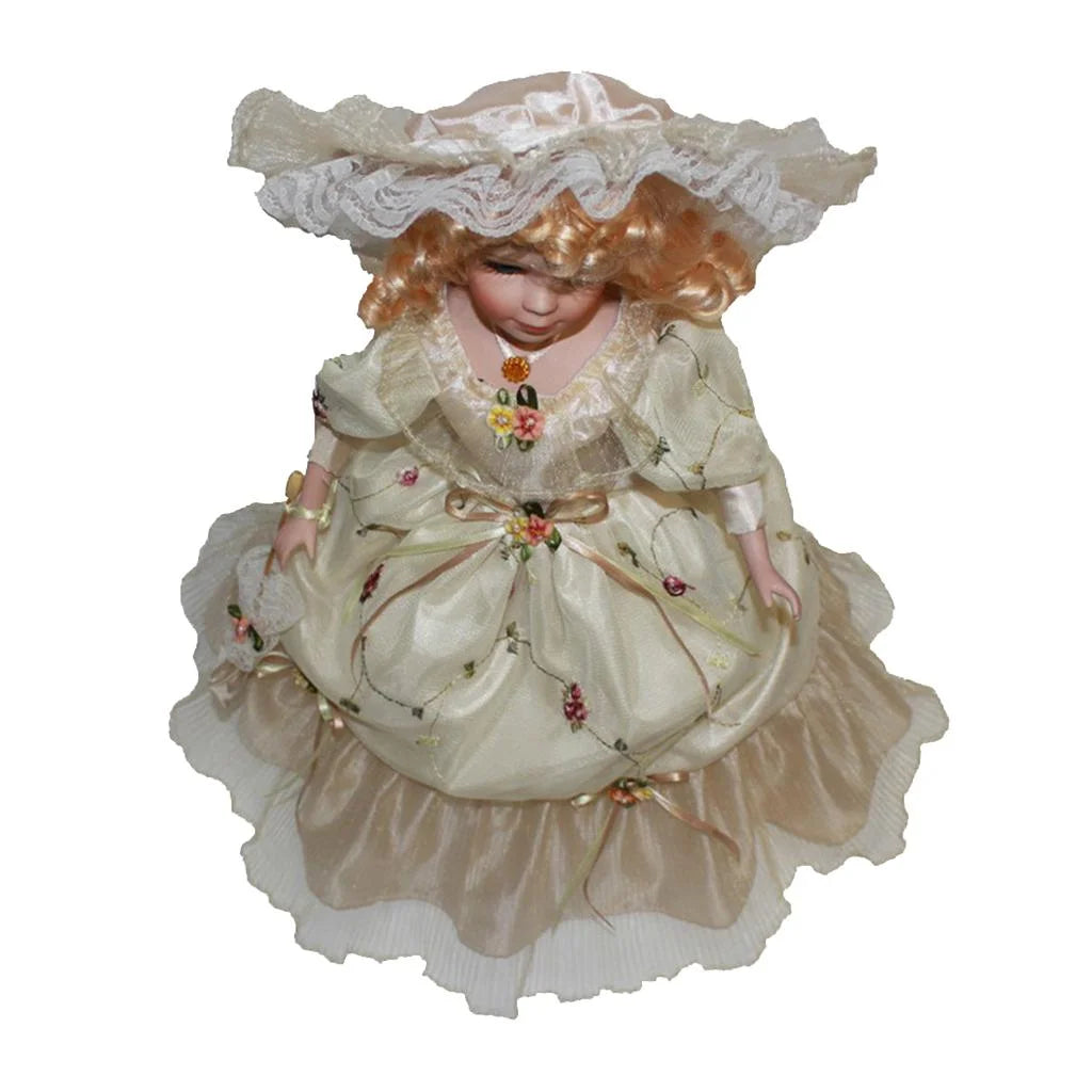 40cm Porcelain Doll with Curly Hair, Umbrella and Clothing Collectible Toy D455