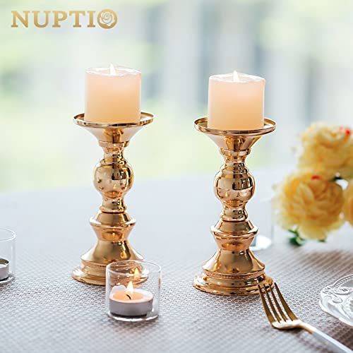 2 Pcs Gold Metal Pillar Candle Holders A956992