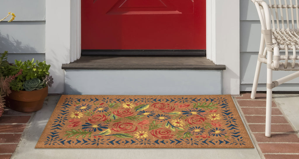 Natura Block Print Flowers Coir Doormat with Non-Slip Backing