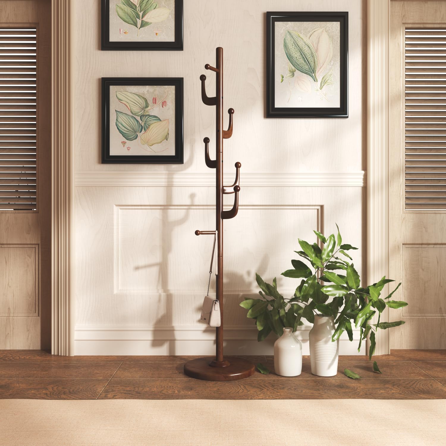 Brown Freestanding Wood Coat Rack Y652