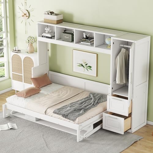 White Solid Wood Full Size Murphy Bed with Closet and Drawers O994282