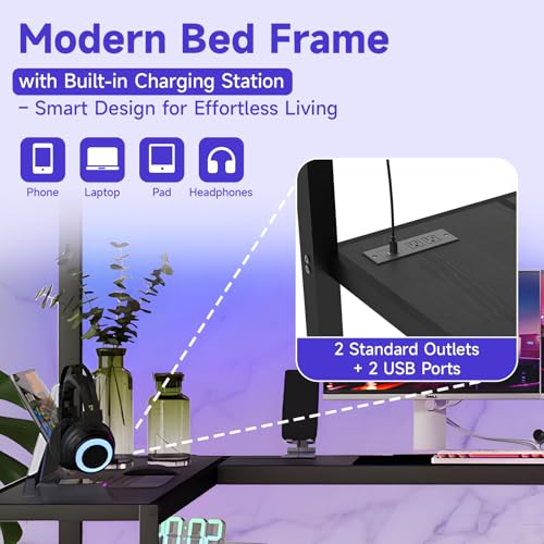 Full Size Metal Loft Bed Frame with L Shaped Desk, Wardrobe, Storage Stairs, Charging Station & Safety Guard Q252