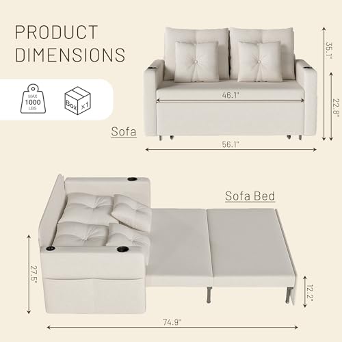 56 Inch Convertible Sleeper Sofa Bed with Cup Holders, Grey I2809