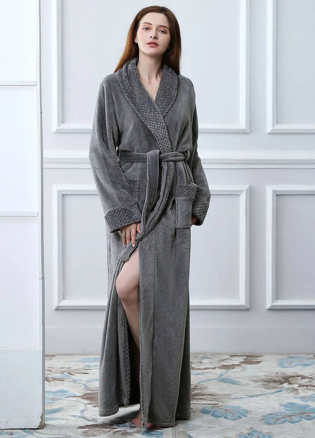 Grey Long Fluffy Fleece Bath Robe with Front Pocket and Adjustable Belt Q329