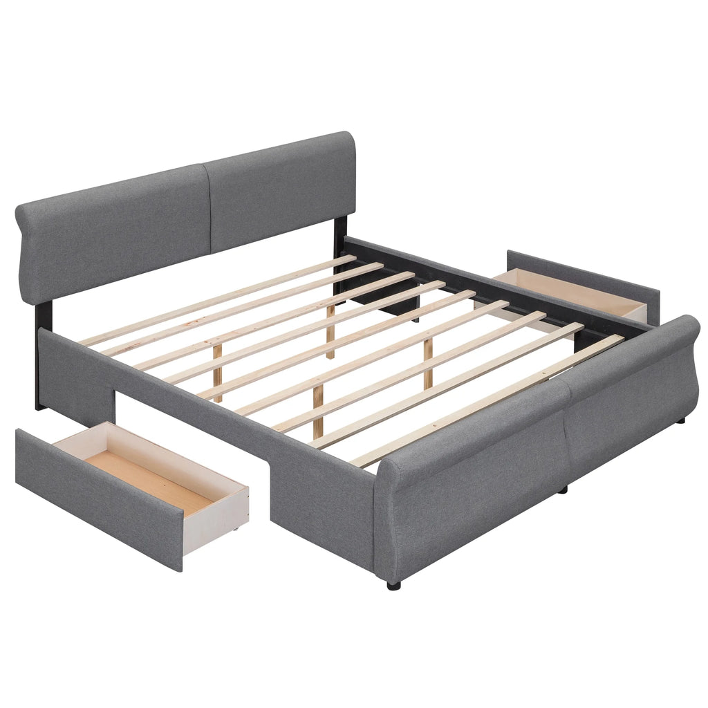 King Size Linen Upholstered Platform Bed with Headboard and 2 Drawers, Gray K495601