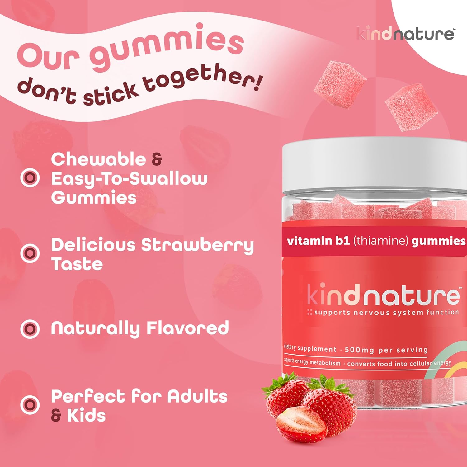 Vitamin B1 Gummies Chewable Thiamine 500mg Non GMO Vegan Natural Strawberry Flavor X754