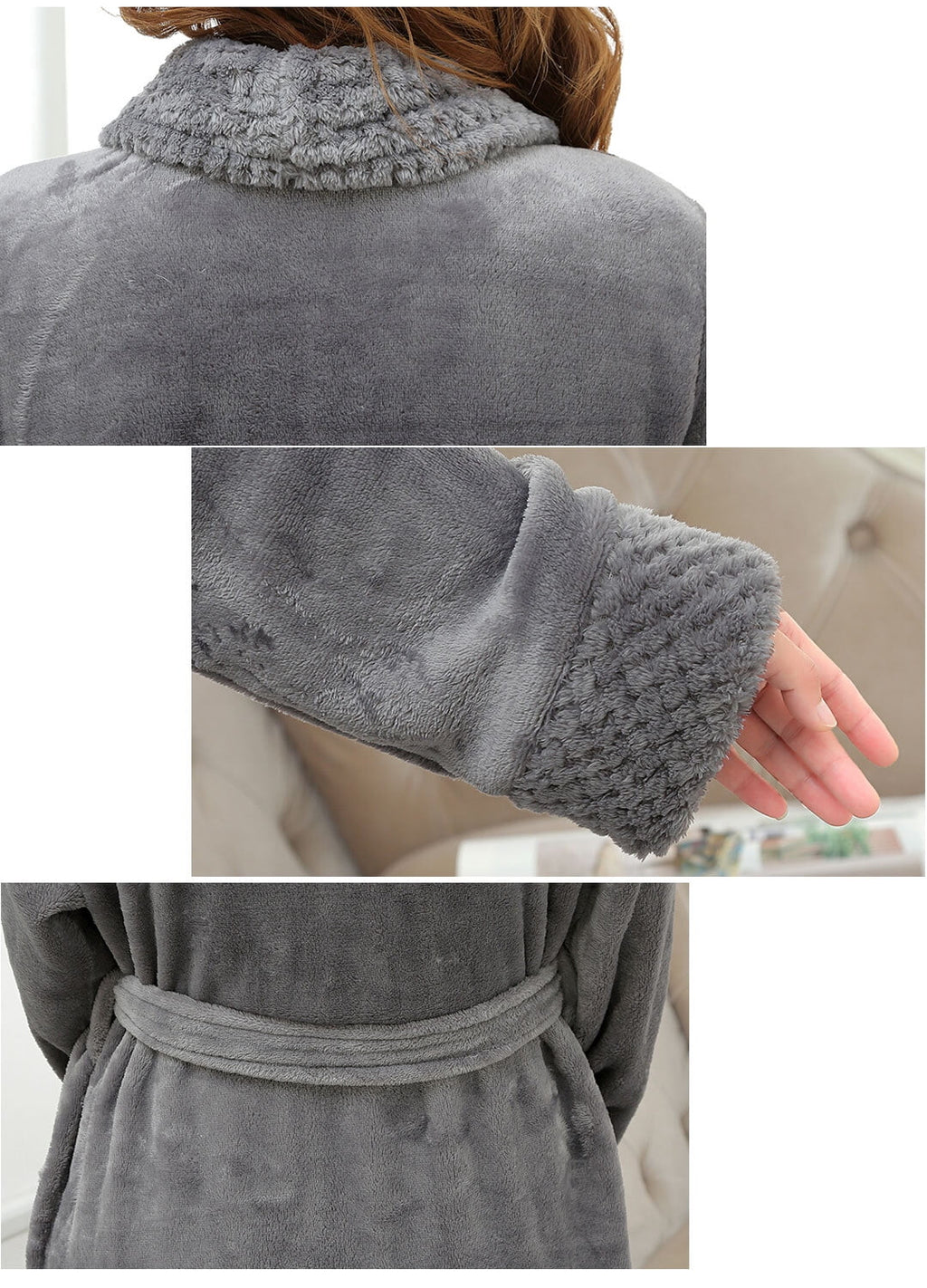 Grey Long Fluffy Fleece Bath Robe with Front Pocket and Adjustable Belt Q329