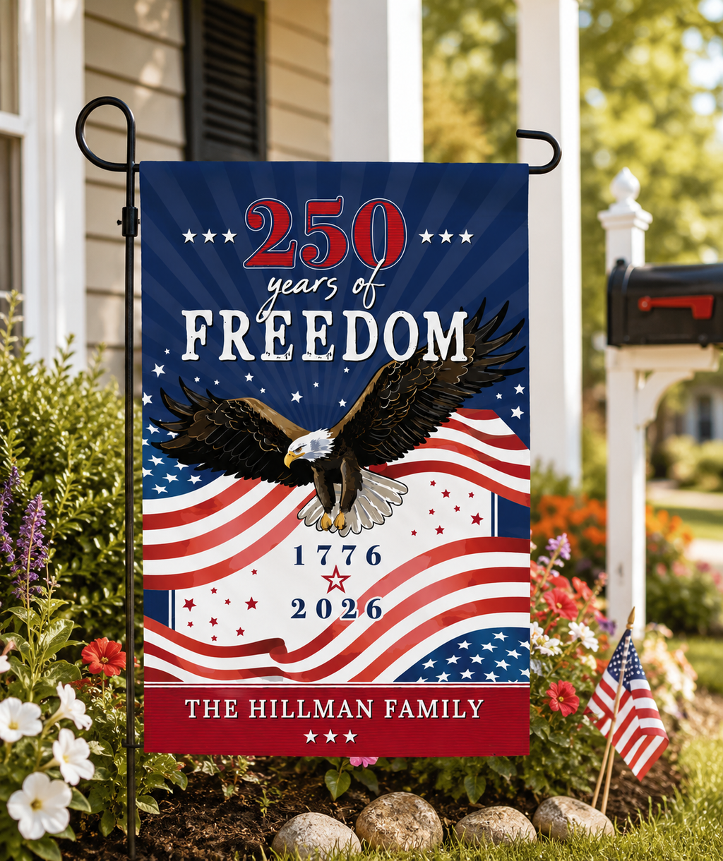 Personalized 250 Years of Freedom with Family Name Garden Flag