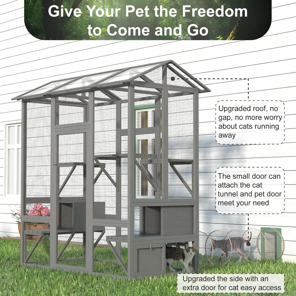 Large Wooden Cat Enclosure with Sunshine Panel Roof and Waterproof Cover, 7 Platforms, 2 Resting Box, 72 inch H6611