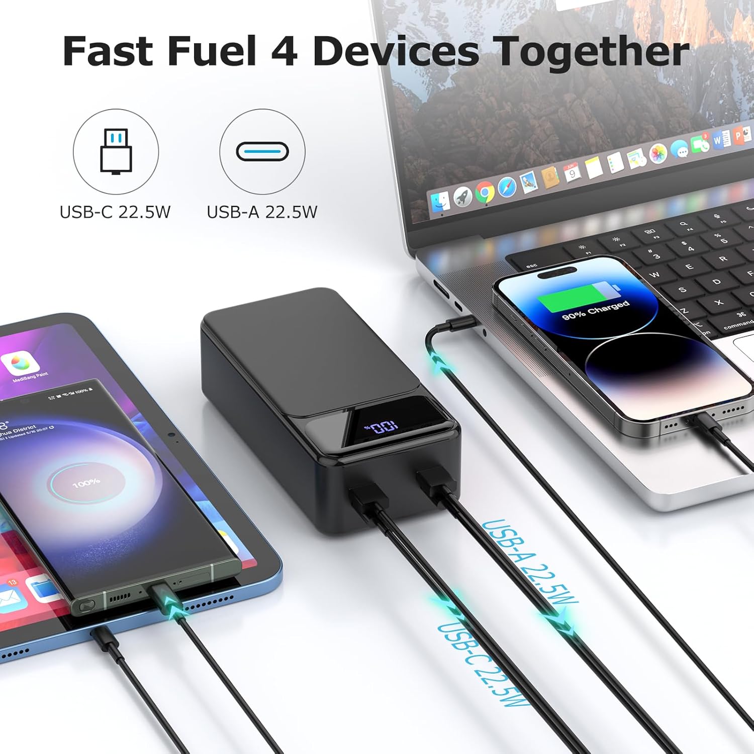 50000mAh 22.5W Fast Charging Portable Charger with USB-C 4 Outputs 2 Inputs LED Display R84285