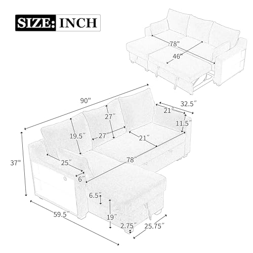 90" L-Shaped Sleeper Sofa with Storage Chaise W7841