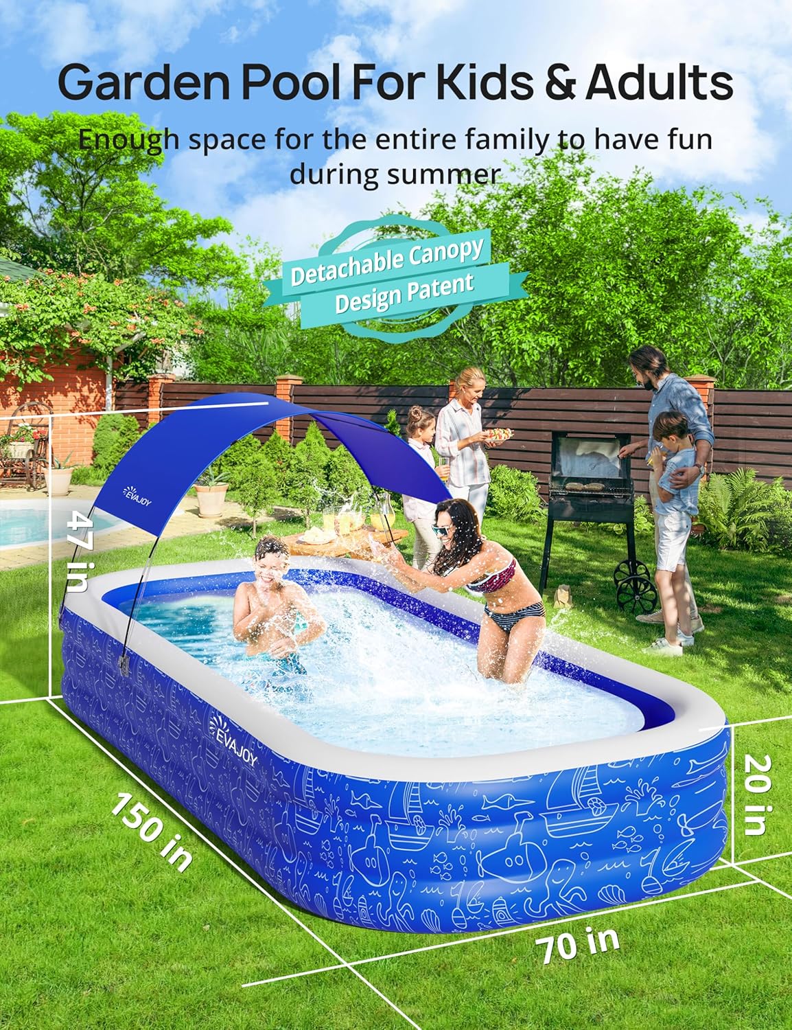 Blue Inflatable Pool with Canopy, 150” x 70” x 20” E772752