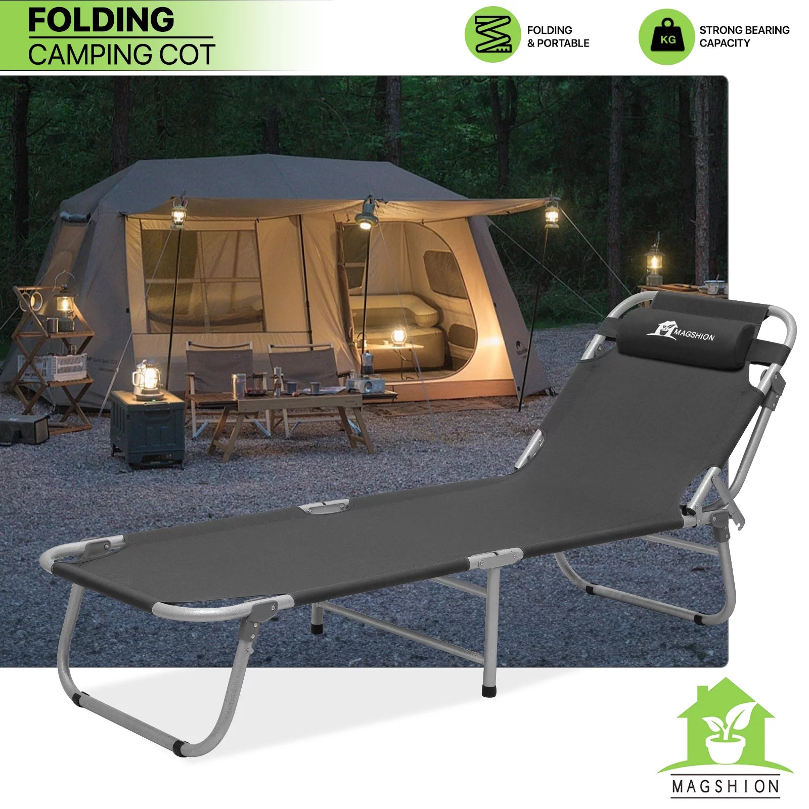 Black Portable Folding Camping Cot with Carry Bag and Pillow H770562