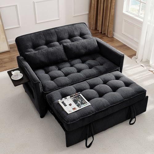 Beige Corduroy Convertible Pull Out Couch with USB Port Y973161