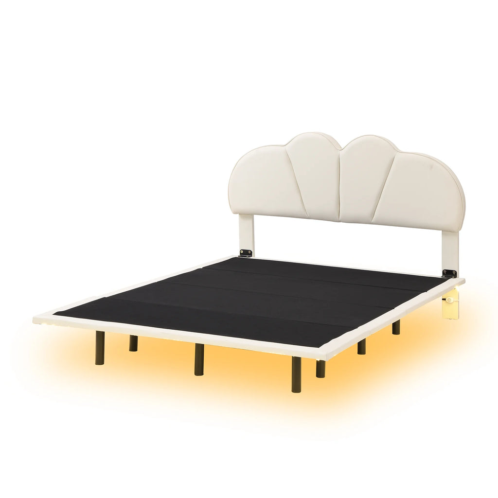 Beige Full Size Upholstered Platform Bed with LED Lights Y90169