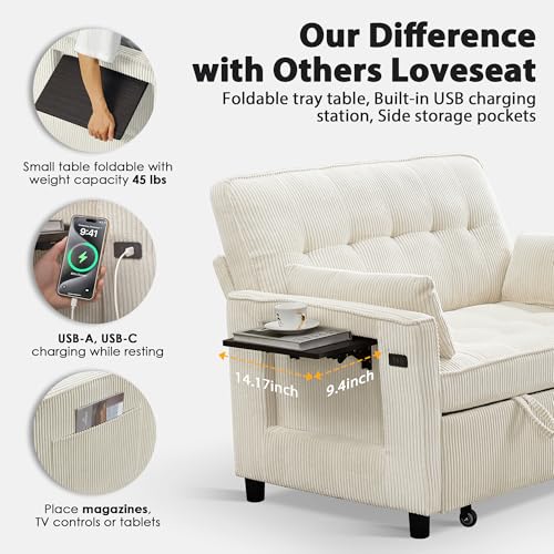 Beige Corduroy Convertible Pull Out Couch with USB Port Y973161