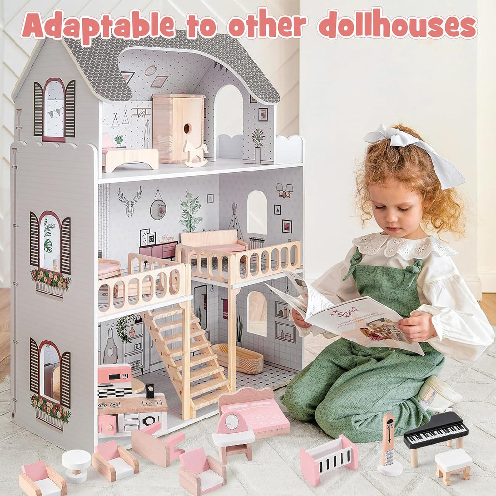 34 Pcs Wooden Dollhouse Furniture Set O55637