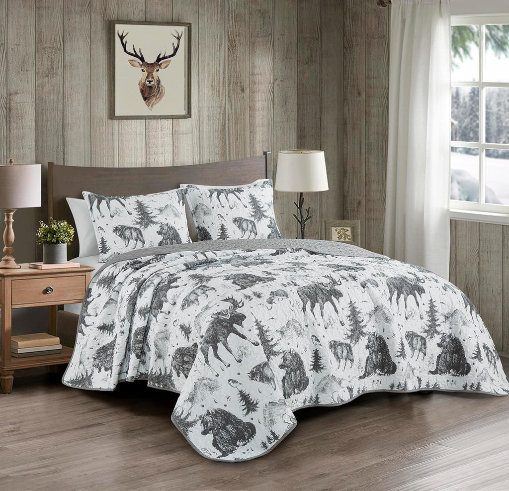 3-Piece King White Black Gray Microfiber Quilt Set X968673