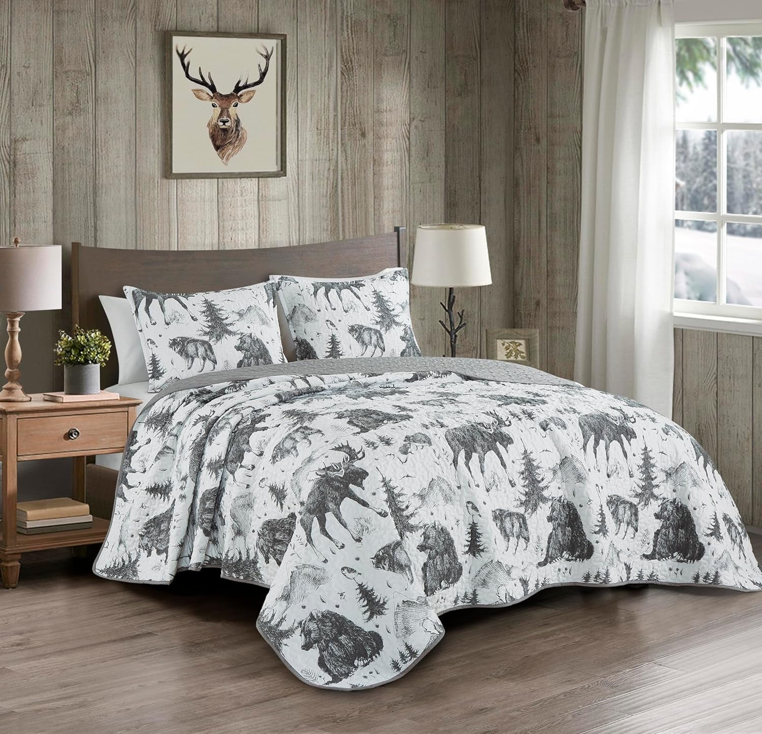 3-Piece King White Black Gray Microfiber Quilt Set X968673