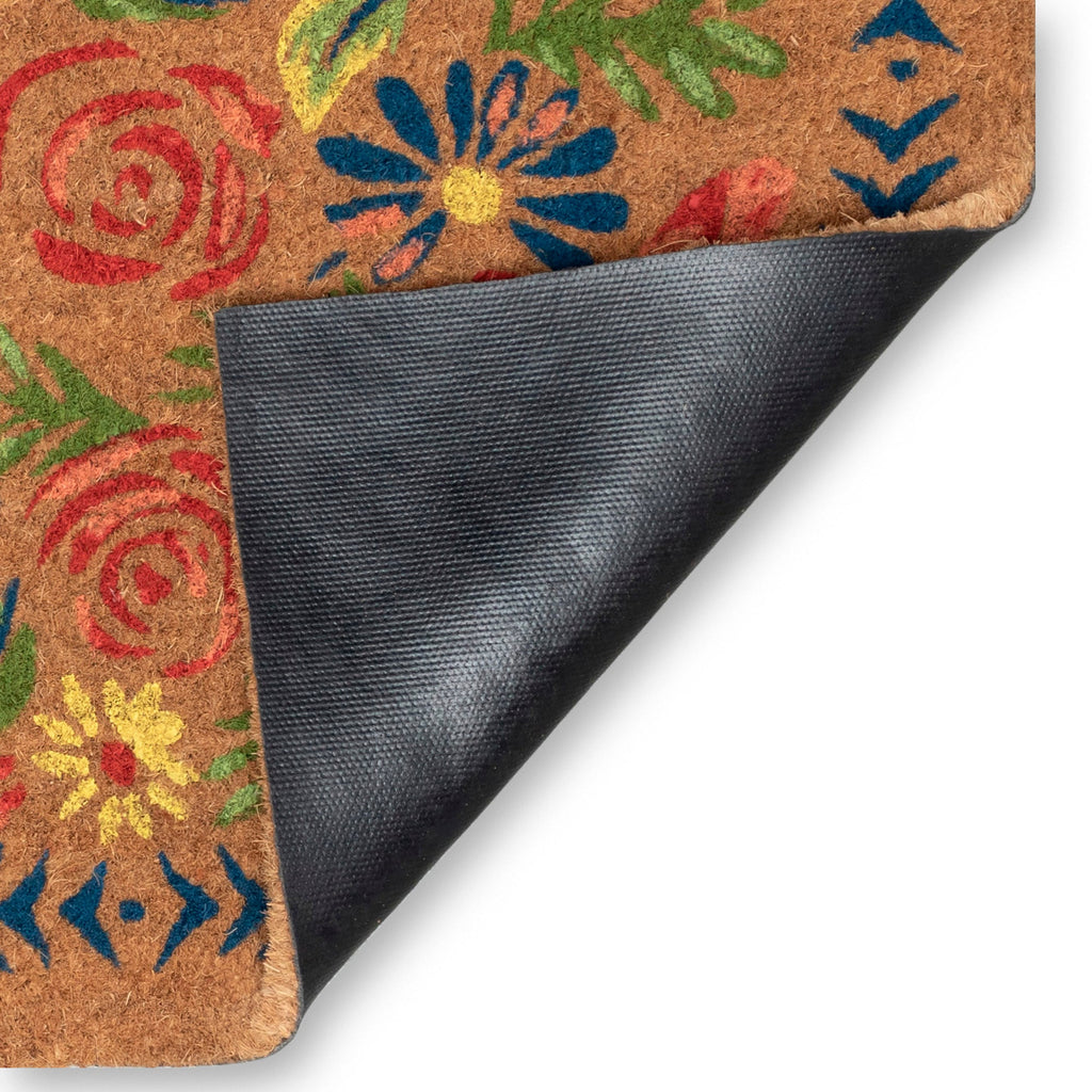 Natura Block Print Flowers Coir Doormat with Non-Slip Backing