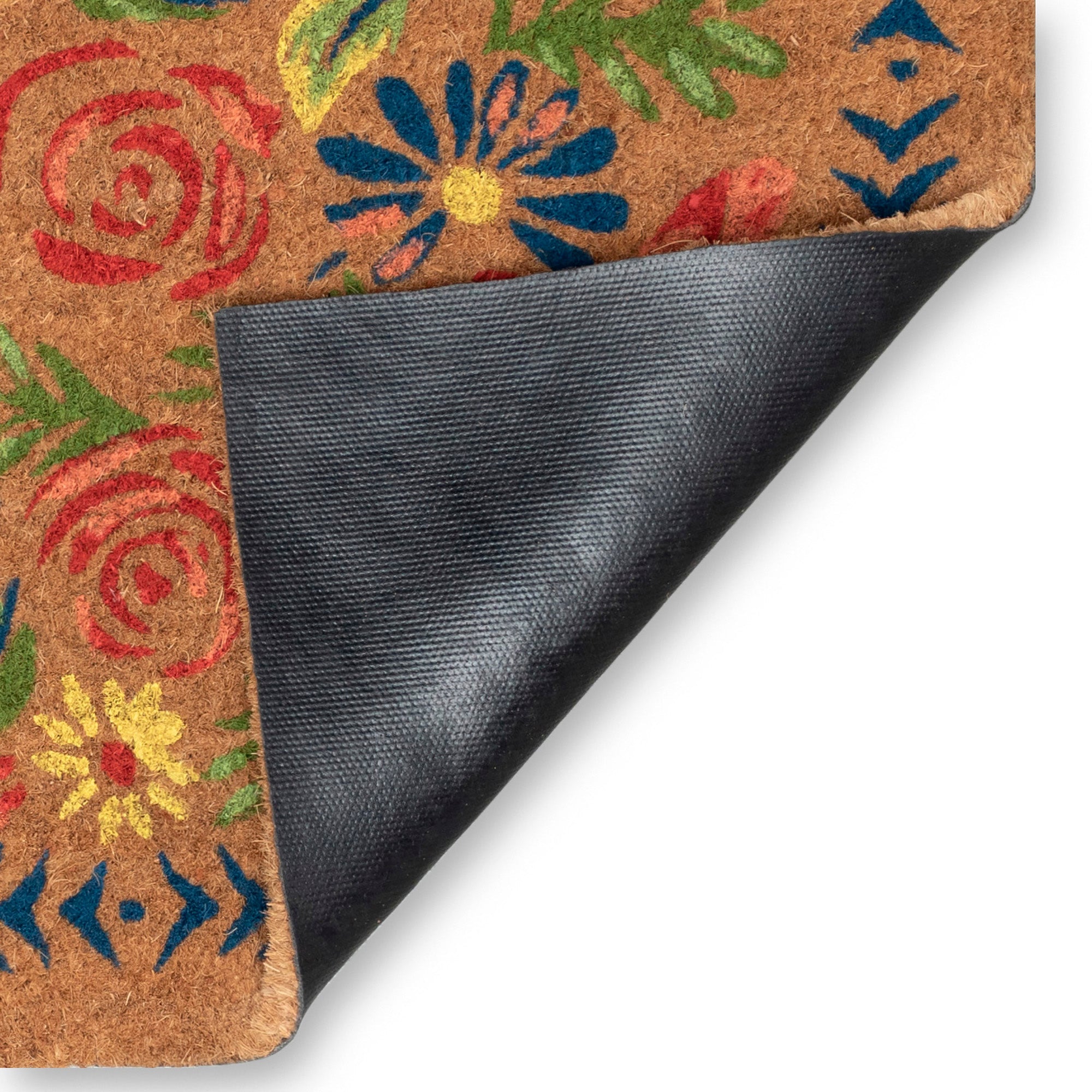 Natura Block Print Flowers Coir Doormat with Non-Slip Backing