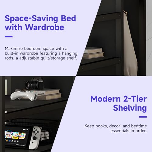Full Size Metal Loft Bed Frame with L Shaped Desk, Wardrobe, Storage Stairs, Charging Station & Safety Guard Q252