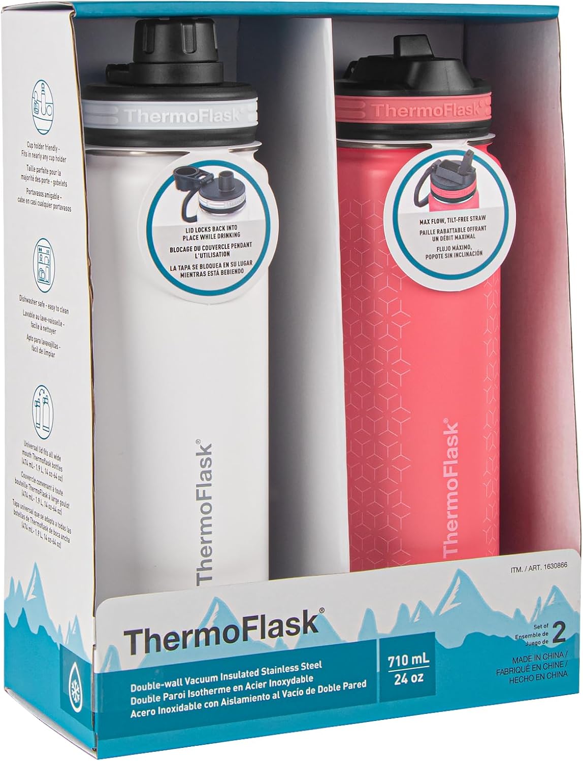24 oz Double Wall Vacuum Insulated Stainless Steel Water Bottles 2-Pack White/Coral B821