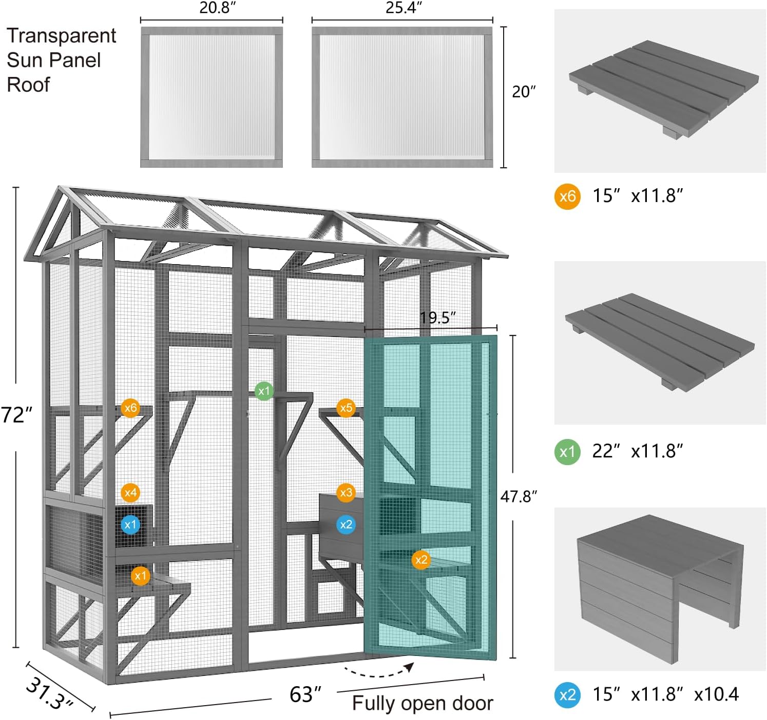Large Wooden Cat Enclosure with Sunshine Panel Roof and Waterproof Cover, 7 Platforms, 2 Resting Box, 72 inch H6611