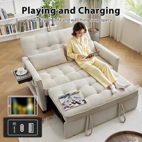 Beige Corduroy Convertible Pull Out Couch with USB Port Y973161