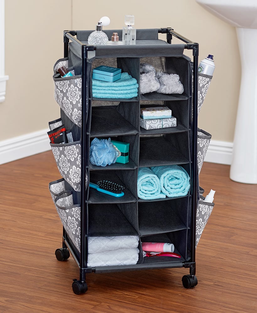 Rolling Shoe Storage Unit with Fabric Cubbies D175