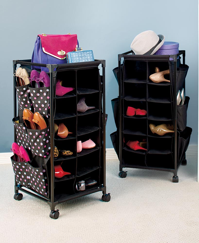 Rolling Shoe Storage Unit with Fabric Cubbies D175