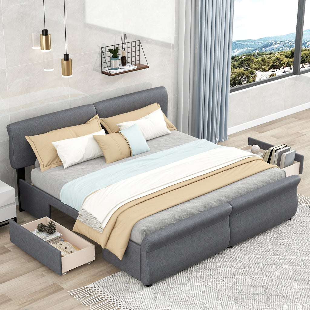 King Size Linen Upholstered Platform Bed with Headboard and 2 Drawers, Gray K495601