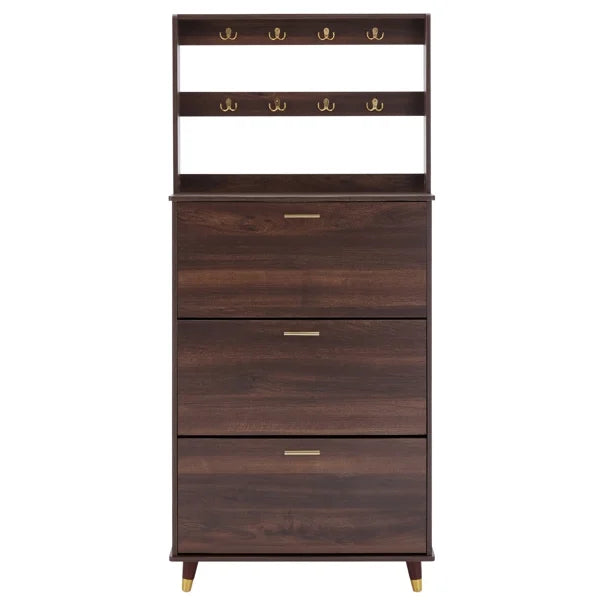 Brown Wardrobe Armoire Closet with 12 Hooks & 3 Shoe Cabinets G632
