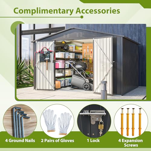 10X8 FT Metal Outdoor Storage Shed with Floor and Lockable Doors, Black Q115970